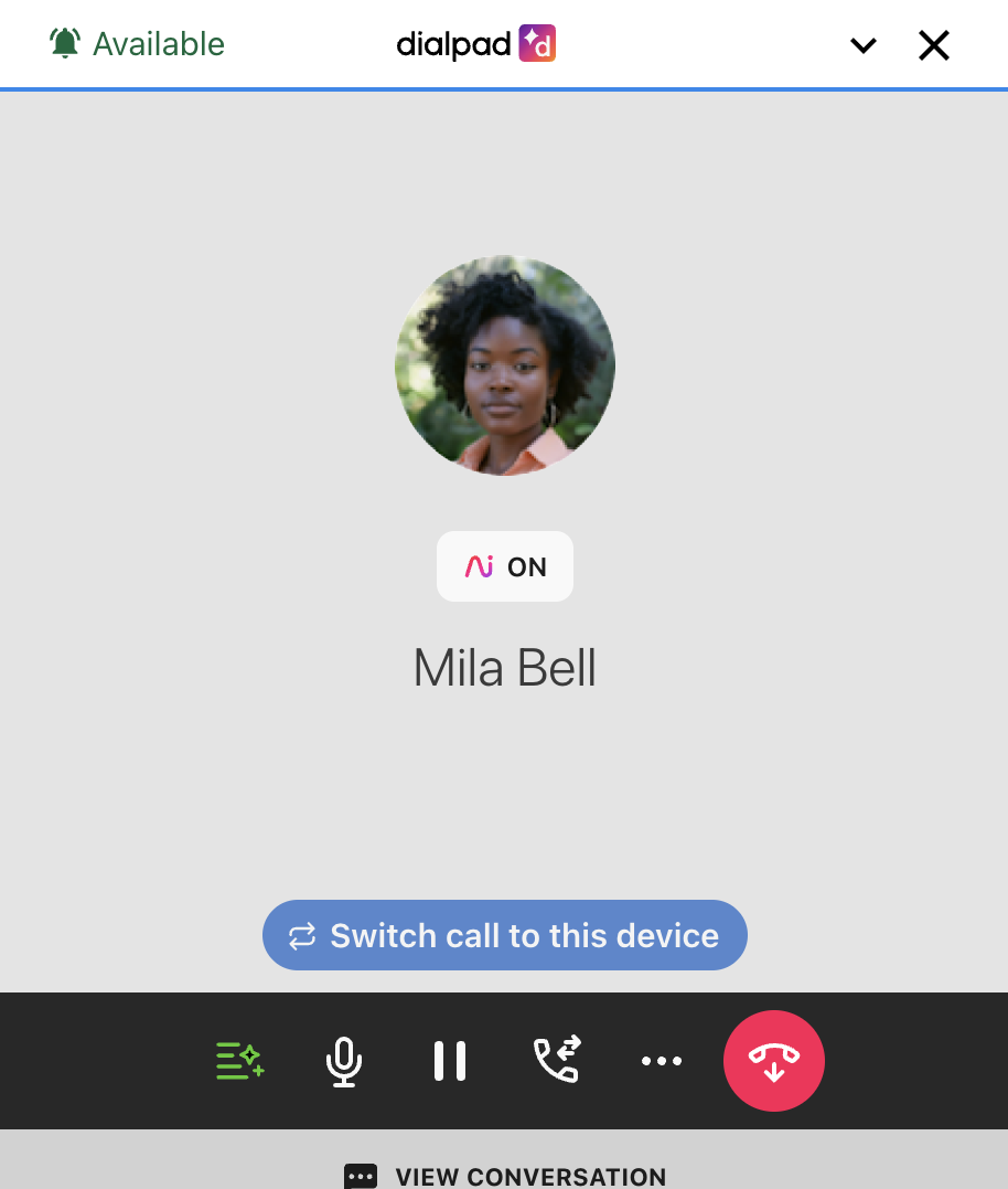 A call with options to switch devices and manage audio settings.